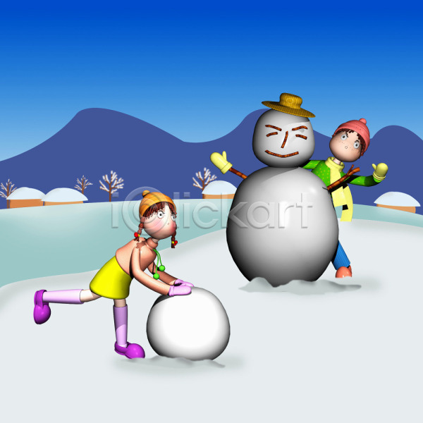 남자 두명 사람 소녀(어린이) 소년 어린이 어린이만 여자 3D JPG 일러스트 겨울 나무 눈(날씨) 눈사람 동화나라 산 식물 애니메이션 야외 주간 초가집 캐릭터 컴퓨터그래픽