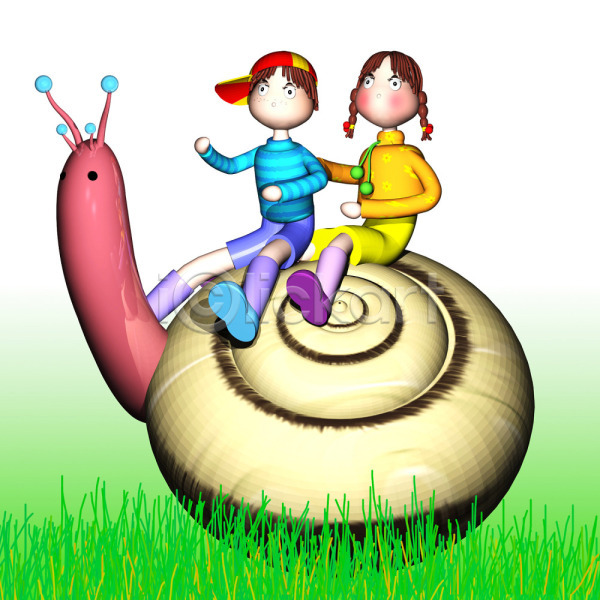 남자 두명 사람 어린이 어린이만 여자 3D JPG 일러스트 꿈 달팽이(동물) 동화나라 애니메이션 야외 주간 캐릭터 컴퓨터그래픽