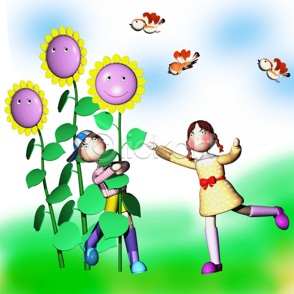 남자 두명 사람 어린이 어린이만 여자 3D JPG 일러스트 꽃 꿈 동화나라 애니메이션 야외 장미 조류 주간 캐릭터 컴퓨터그래픽 해바라기