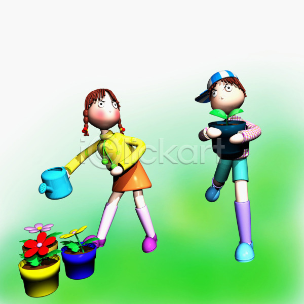 남자 두명 사람 소녀(어린이) 소년 어린이 어린이만 여자 3D JPG 일러스트 꽃 동화나라 물뿌리개 식물 애니메이션 장미 캐릭터 컴퓨터그래픽 화분