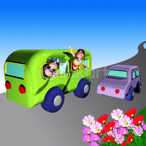 남자 두명 사람 어린이 어린이만 여자 3D JPG 일러스트 교통시설 길 꽃 도로 동화나라 버스 식물 애니메이션 야외 여행 자동차 장미 주간 캐릭터 컴퓨터그래픽