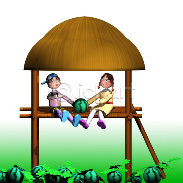 남자 두명 사람 소녀(어린이) 소년 어린이 어린이만 여자 3D JPG 일러스트 과일 동화나라 수박 수박밭 애니메이션 야외 오두막 캐릭터 컴퓨터그래픽