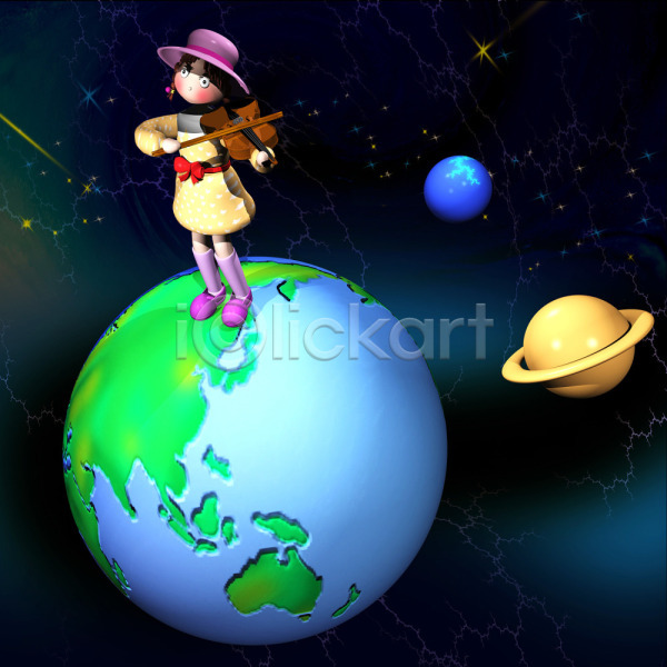 상상 여자 여자만 3D JPG 일러스트 가상인물 동화나라 바이올린 애니메이션 연주 우주 지구 컴퓨터그래픽 행성 현악기