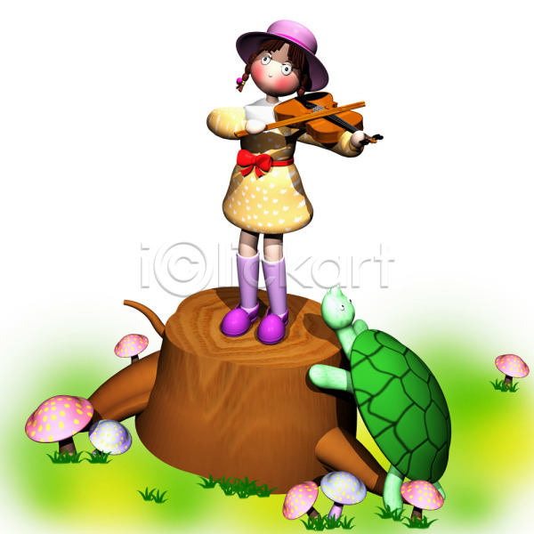 남자 사람 여자 3D JPG 일러스트 거북이 나무 나무밑둥 동물 동화나라 바이올린 버섯 식물 애니메이션 야외 연주 척추동물 컴퓨터그래픽 파충류 현악기