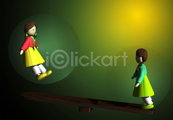두명 사람 소녀만 어린이 어린이만 여자 여자만 3D JPG 일러스트 널뛰기 동화나라 애니메이션 전통놀이 컴퓨터그래픽 한국문화 한국전통 한복