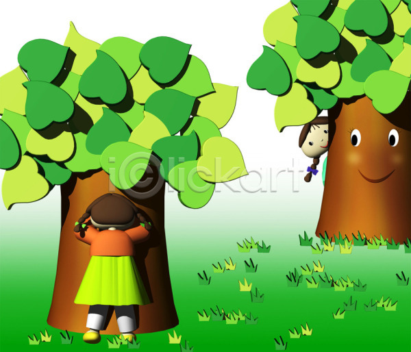 두명 사람 소녀만 어린이 어린이만 여자 여자만 3D JPG 일러스트 나무 나뭇잎 동화나라 숨바꼭질 숨박꼭질 식물 애니메이션 야외 잔디 주간 초원(자연) 캐릭터 컴퓨터그래픽
