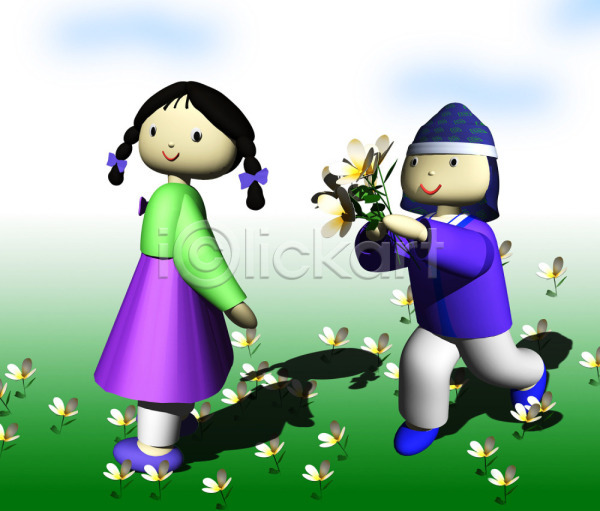 남자 두명 사람 소녀(어린이) 소년 어린이 어린이만 여자 3D JPG 일러스트 꽃 꽃다발 꽃밭 동화나라 식물 애니메이션 야외 장미 주간 캐릭터 컴퓨터그래픽 프로포즈