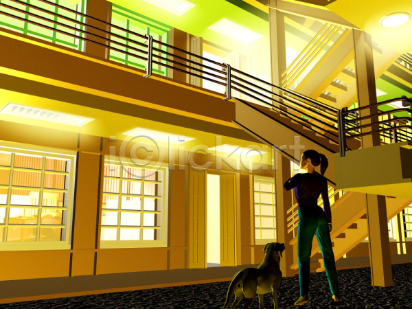사람 여자 여자만 3D 일러스트 개 건물 계단 도시 미래도시 반려견 빛 아파트 야외 전등 조명 창문 컴퓨터그래픽 풍경(경치) 휴먼