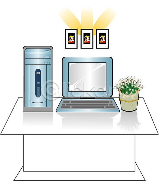 사람없음 EPS 아이콘 모니터 본체 사무실 선인장 식물 액자 오브젝트 직장 책상 컴퓨터 클립아트 키보드 화분