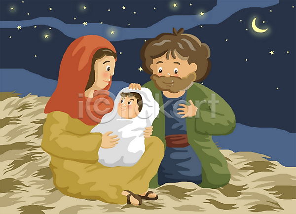 남자 사람 세명 여자 PSD 일러스트 기독교 달 마리아 별 볏짚 성경이야기 아기예수 야간 야외 예수 요셉 저녁 종교