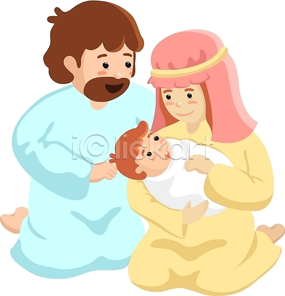 남자 사람 세명 여자 PSD 일러스트 기독교 마리아 성경이야기 아기예수 예수 요셉 전신 종교