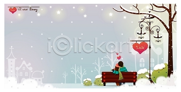로맨틱 사랑 남자 두명 사람 여자 EPS 일러스트 가로등 겨울 계절 공공시설 공원 나무 눈(날씨) 데이트 벤치 별 사계절 야외 의자 자연 저녁 커플 하트