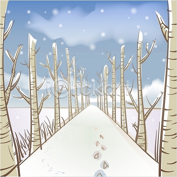 사람없음 EPS 일러스트 가로수 겨울 겨울배경 계절 길 나무 눈(날씨) 발자국 백그라운드 사계절 야외 자국 자연 풍경(경치) 하늘