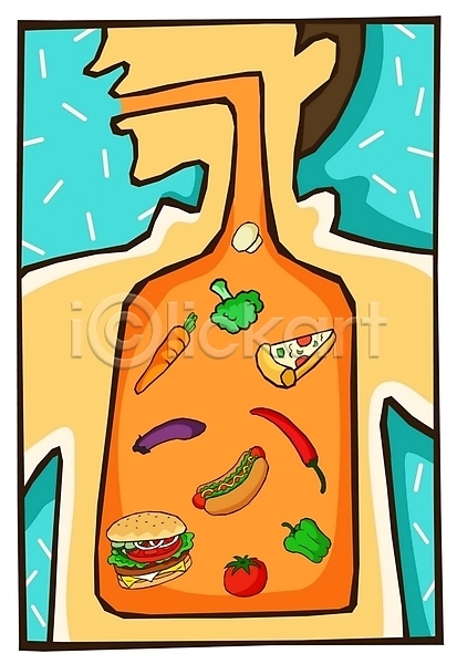 사람 EPS 일러스트 가지 고추 당근 브로콜리 소화(음식물분해) 소화기관 양송이 음식 장기(의학) 토마토 피망 피자 핫도그 햄버거