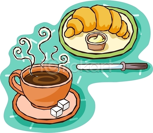사람없음 EPS 일러스트 각설탕(식품) 나이프 버터 블랙커피 빵 설탕 아침식사 음료 음식 접시 커피 커피잔 크루아상