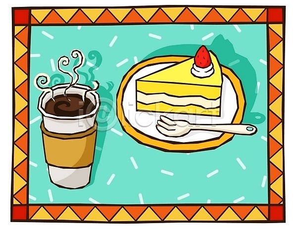 일러스트 디저트 음료 음식 접시 조각케이크 차(음료) 커피잔 케이크 포크