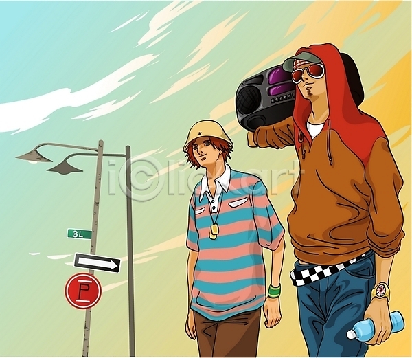 청춘(젊음) 남자 남자만 두명 사람 EPS 일러스트 가로등 도로표지판 라디오 문화 생수 야외 오디오컴포넌트 음악 패션 한가함 힙합