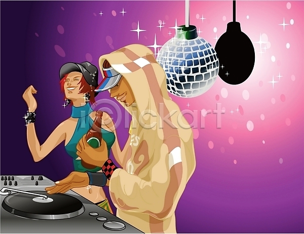 즐거움 청춘(젊음) 흥분 남자 두명 사람 여자 EPS 일러스트 DJ 댄서 레코드 맥주 문화 음악 조명 직업 춤 클럽 턴테이블 파티 패션 힙합