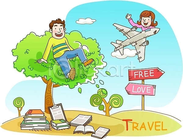 선택 남자 두명 사람 여자 EPS 일러스트 구름(자연) 나무 비행기 야외 여행 주간 책 커플 표지판 하늘 휴가