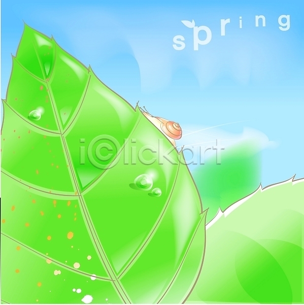 상큼 사람없음 EPS 일러스트 계절 나뭇잎 달팽이(동물) 물방울 백그라운드 봄 봄배경 사계절 야외 연체동물 이슬 잎 자연 주간 초록색 풍경(경치)