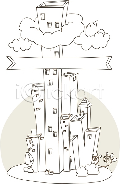 사람없음 EPS 일러스트 흑백 건물 구름(자연) 도시 병아리 빌딩 야외 풍경(경치)