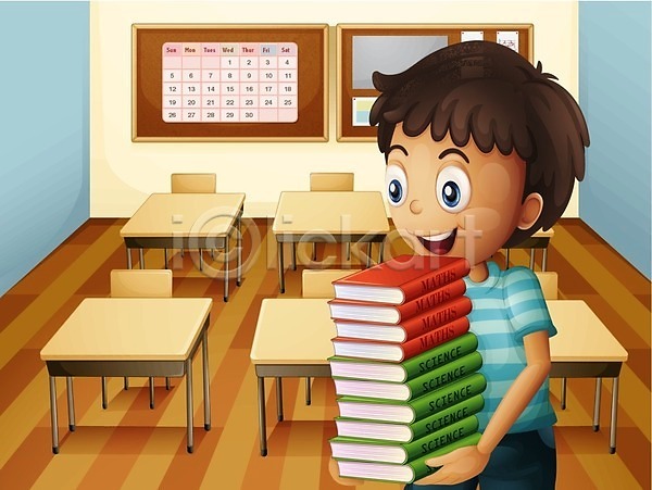 남자 사람 소년 어린이 EPS 일러스트 해외이미지 과학 교실 미소(표정) 수학 쌓기 어린이교육 의자 책 탁자 학교 학생 해외202004