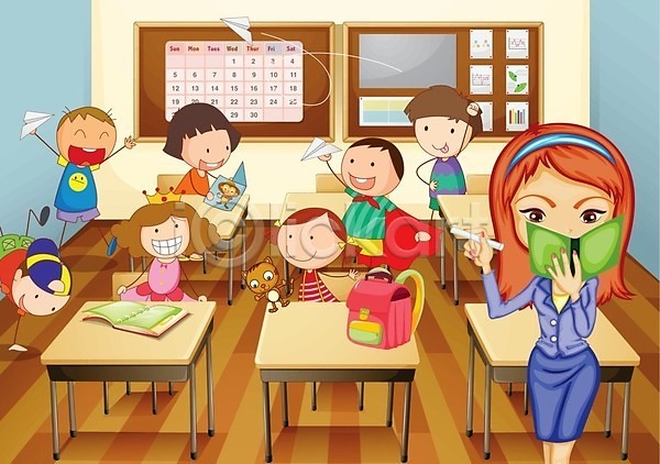 사람 어린이 여자 EPS 일러스트 해외이미지 가르침 교사 교실 교육 독서 미소(표정) 어린이교육 웃음 책상 학교 학생 학습 해외202004
