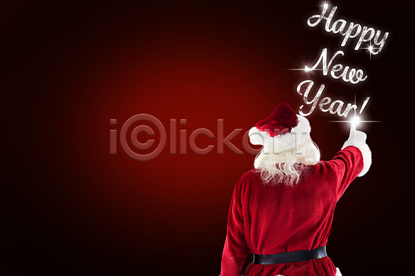 축하 행복 남자 백인 한명 JPG 포토 해외이미지 가리킴 검은색 디지털 미소(표정) 보여주기 빨간색 산타클로스 새해 서기 수염 옷 축제 카피스페이스 컴퓨터그래픽 텍스트 해외202004 해피뉴이어 흰색