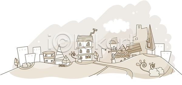 사람없음 EPS 라인일러스트 일러스트 흑백 건물 계절 구름(자연) 나무 마을 봄 사계절 야외 자연 주택 지평선 풍경(경치)