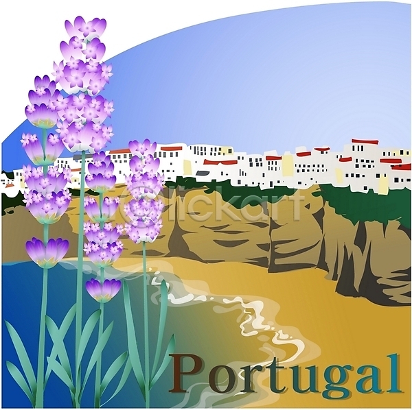 사람없음 EPS 일러스트 국화 꽃 나라꽃 라벤더 바다 보라색 식물 야외 여행 주간 주택 컬러 클립아트 포르투갈 해변