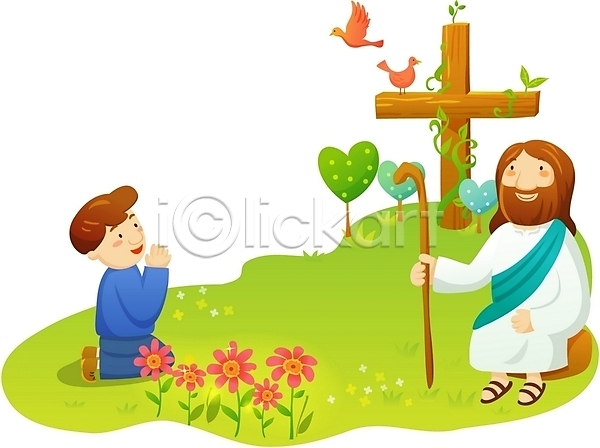 남자 남자만 두명 사람 EPS 일러스트 기도 기독교 꽃 나무 성자 성직자 십자가 야외 예배 예수 조류 주간 지팡이 초원(자연)