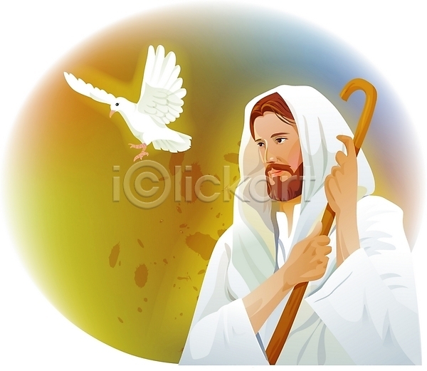 믿음 남자 사람 성인 성인남자한명만 한명 EPS 일러스트 기념일 기독교 부활절 비둘기 성령 성자 성직자 예수 종교 지팡이