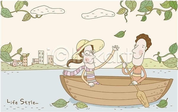 남자 두명 사람 여자 EPS 일러스트 강 나룻배 나뭇잎 낙엽 노(배의노) 데이트 라이프스타일 배(교통) 야외 조각배 커플 호수