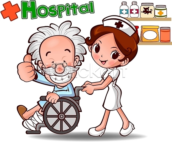 남자 두명 사람 여자 EPS 일러스트 간호사 깁스 병원 약 의학 치료 캐릭터 홍보캐릭터 환자 휠체어