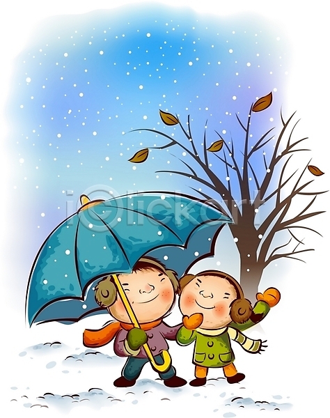 남자 두명 사람 소녀(어린이) 소년 어린이 어린이만 여자 EPS 일러스트 겨울 계절 귀마개 나무 눈(날씨) 목도리 사계절 야외 어린이라이프 우산 자연 장갑 커플 함박눈