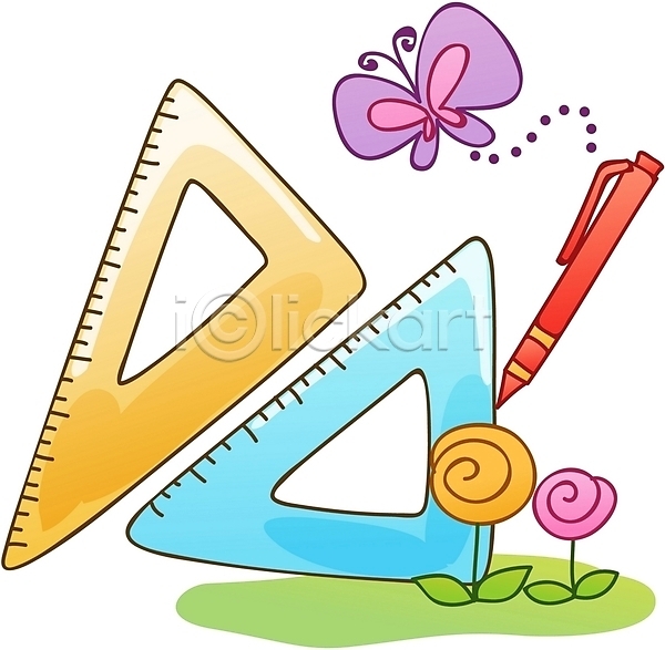 사람없음 EPS 아이콘 큐티아이콘 교육 꽃 나비 문구용품 삼각자 수업 수학 자 펜 필기구