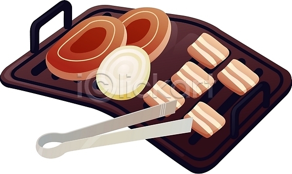사람없음 EPS 디테일아이콘 아이콘 음식아이콘 펄아이콘 하이앵글 구이 돼지고기 목심 불판 삼겹살 양파 외식 요리 음식 집게 채소 한국문화 한국전통 한식