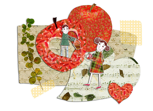 사랑 남자 두명 사람 소년 여자 PSD 일러스트 과일 나뭇잎 바구니 사과(과일) 애플데이 커플 콜라주