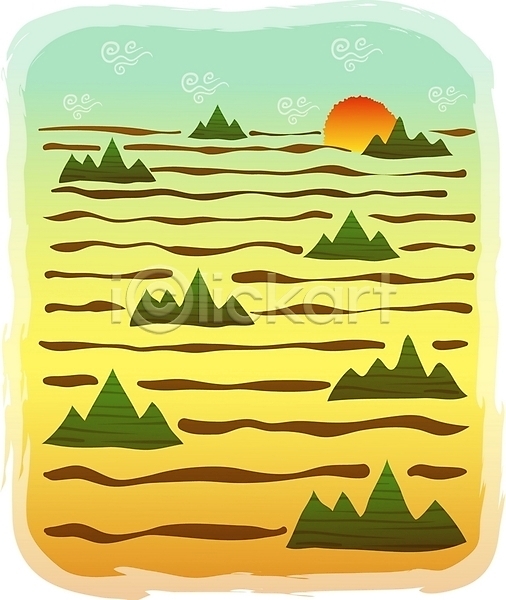 사람없음 EPS 일러스트 구름(자연) 무늬 백그라운드 산 새해 야외 연하장 전통 전통문양 주간 태양 풍경(경치) 해