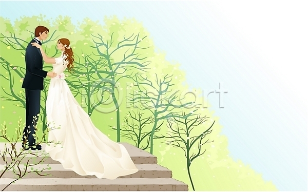 행복 남자 두명 사람 여자 EPS 일러스트 결혼 계단 나무 신랑 신부(웨딩) 야외 야외결혼 이벤트 커플