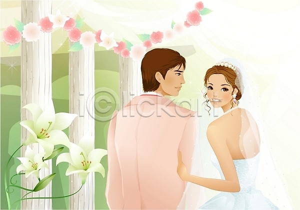 행복 남자 두명 사람 여자 EPS 일러스트 결혼 기둥 꽃 드레스 미소(표정) 신랑 신부(웨딩) 야외 이벤트 장식 커플