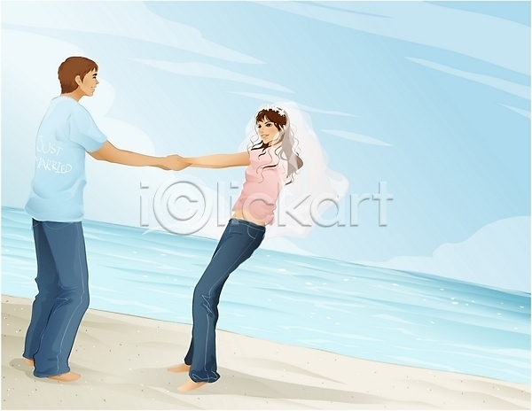 즐거움 행복 남자 두명 사람 여자 EPS 일러스트 결혼 면사포 미소(표정) 바다 신랑 신부(웨딩) 신혼여행 야외 이벤트 주간 커플 해변