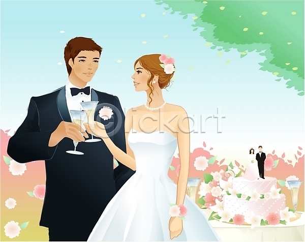 남자 두명 사람 여자 EPS 일러스트 결혼 샴페인 신랑 신랑신부인형 신부(웨딩) 야외 이벤트 주간 커플 케이크 피로연