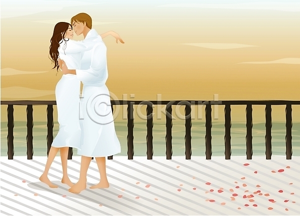 남자 두명 사람 여자 EPS 일러스트 결혼 꽃잎 리조트 신랑 신부(웨딩) 신혼여행 야외 이벤트 일몰 춤 커플 키스 포옹