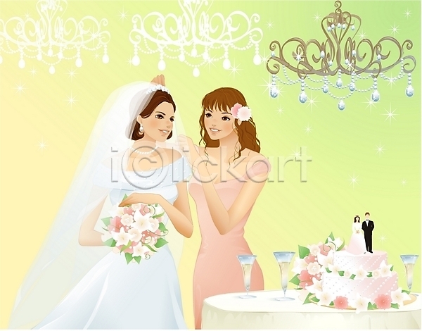 축하 두명 사람 여자 여자만 EPS 일러스트 결혼 들러리 미소(표정) 신랑신부인형 신부(웨딩) 와인 이벤트 친구 케이크 탁자 피로연