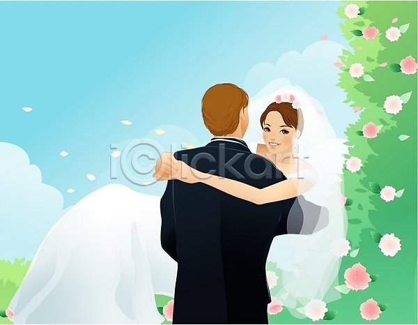 행복 남자 두명 사람 여자 EPS 일러스트 결혼 미소(표정) 신랑 신부(웨딩) 야외 야외결혼 이벤트 주간 커플 포옹