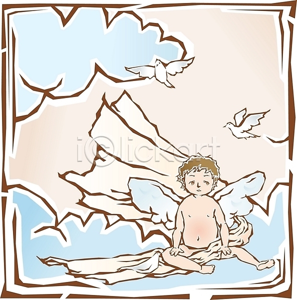 남자 남자만 아기 EPS 일러스트 가상인물 구름(자연) 기독교 도장 비둘기 조류 종교 천사 클립아트 판화 하늘