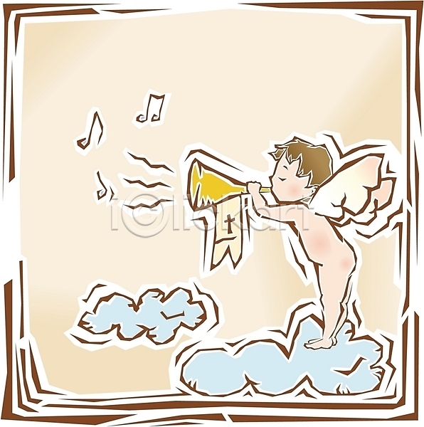 남자 남자만 아기 EPS 일러스트 가상인물 구름(자연) 기독교 나팔 도장 악기 연주 음표 종교 천사 클립아트 판화