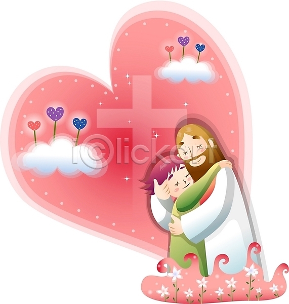 사랑 남자 두명 사람 소년 어린이 여자 EPS 일러스트 구름(자연) 기독교 꽃 꽃밭 십자가 예수 종교 포옹 하트