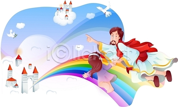 남자 두명 사람 소녀(어린이) 어린이 여자 EPS 일러스트 구름(자연) 기독교 무지개 비둘기 비행 성 신(종교) 예수 종교 천국 하나님